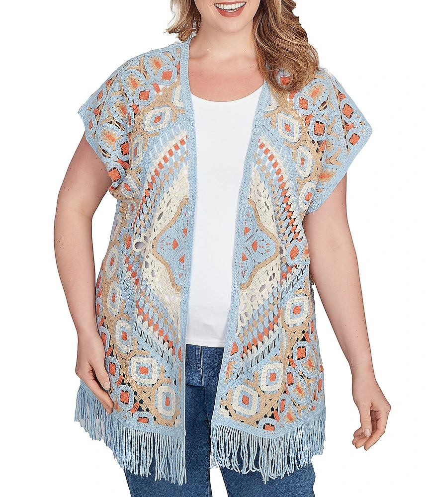 Ruby Rd. Plus Size Crochet Geometric Cap Sleeve Open-Front Cardigan
