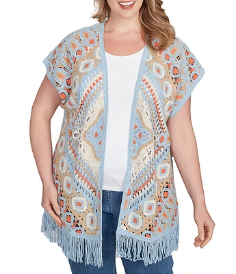 Ruby Rd. Plus Size Crochet Geometric Cap Sleeve Open-Front Cardigan