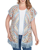 Ruby Rd. Plus Size Crochet Geometric Cap Sleeve Open-Front Cardigan