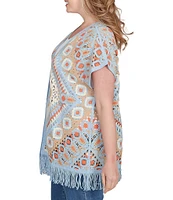Ruby Rd. Plus Size Crochet Geometric Cap Sleeve Open-Front Cardigan