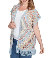 Ruby Rd. Plus Size Crochet Geometric Cap Sleeve Open-Front Cardigan