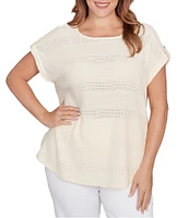Ruby Rd. Plus Size Crochet Knit Boat Neck Short Button Tab Sleeve Top