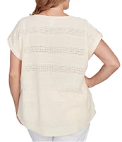 Ruby Rd. Plus Size Crochet Knit Boat Neck Short Button Tab Sleeve Top
