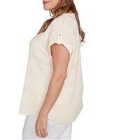Ruby Rd. Plus Size Crochet Knit Boat Neck Short Button Tab Sleeve Top