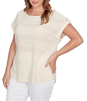 Ruby Rd. Plus Size Crochet Knit Boat Neck Short Button Tab Sleeve Top