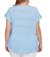 Ruby Rd. Plus Size Crochet Knit Boat Neck Short Button Tab Sleeve Top