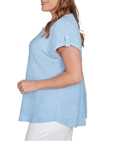 Ruby Rd. Plus Size Crochet Knit Boat Neck Short Button Tab Sleeve Top