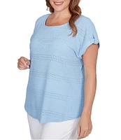 Ruby Rd. Plus Size Crochet Knit Boat Neck Short Button Tab Sleeve Top