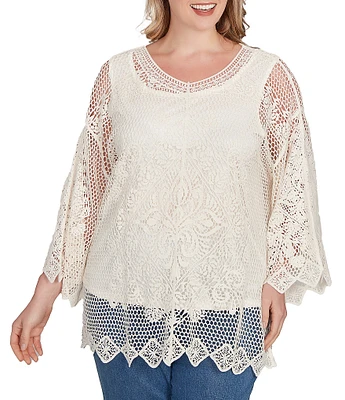 Ruby Rd. Plus Size Crochet Medallion Floral Pattern Scoop Neck 3/4 Wide Flared Sleeve Top