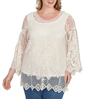 Ruby Rd. Plus Size Crochet Medallion Floral Pattern Scoop Neck 3/4 Wide Flared Sleeve Top