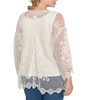 Ruby Rd. Plus Size Crochet Medallion Floral Pattern Scoop Neck 3/4 Wide Flared Sleeve Top
