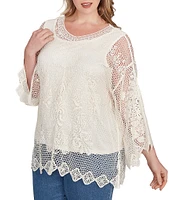 Ruby Rd. Plus Size Crochet Medallion Floral Pattern Scoop Neck 3/4 Wide Flared Sleeve Top