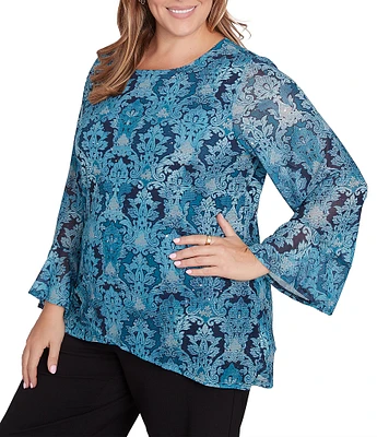 Ruby Rd. Plus Size Damask Print Crew Neck 3/4 Ruffle Sleeve Mesh Top