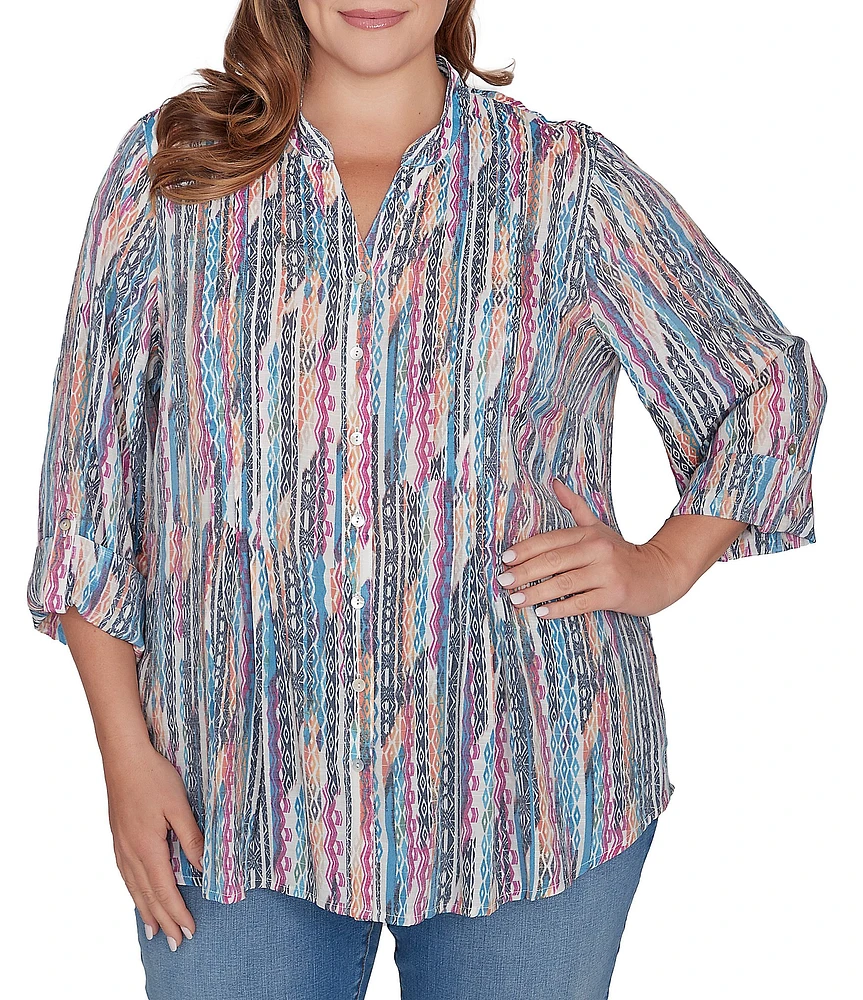 Ruby Rd. Plus Size Diamond Ikat Print Silky Soft Gauze Long Roll-Tab Sleeve Pintuck Detail Button-Down Blouse