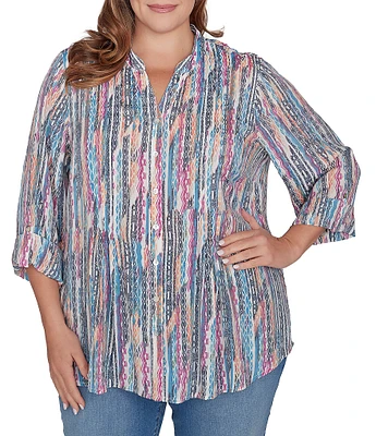 Ruby Rd. Plus Size Diamond Ikat Print Silky Soft Gauze Long Roll-Tab Sleeve Pintuck Detail Button-Down Blouse