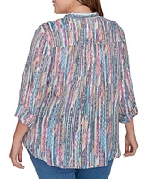 Ruby Rd. Plus Size Diamond Ikat Print Silky Soft Gauze Long Roll-Tab Sleeve Pintuck Detail Button-Down Blouse