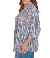 Ruby Rd. Plus Size Diamond Ikat Print Silky Soft Gauze Long Roll-Tab Sleeve Pintuck Detail Button-Down Blouse