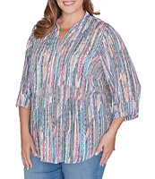 Ruby Rd. Plus Size Diamond Ikat Print Silky Soft Gauze Long Roll-Tab Sleeve Pintuck Detail Button-Down Blouse