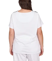 Ruby Rd. Plus Size Embellished Abstract Palm Print Crew Neck Short Sleeve T-Shirt