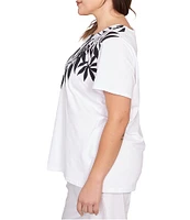 Ruby Rd. Plus Size Embellished Abstract Palm Print Crew Neck Short Sleeve T-Shirt