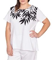 Ruby Rd. Plus Size Embellished Abstract Palm Print Crew Neck Short Sleeve T-Shirt