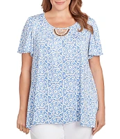 Ruby Rd. Plus Size Embellished Beaded Macrame Scoop Neck Short Sleeve Top