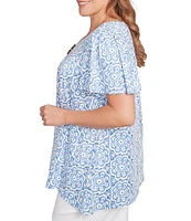 Ruby Rd. Plus Size Embellished Beaded Macrame Scoop Neck Short Sleeve Top