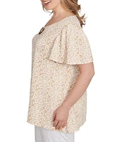 Ruby Rd. Plus Size Embellished Beaded Macrame Scoop Neck Short Sleeve Top