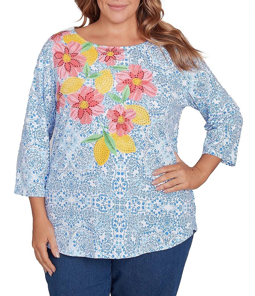 Ruby Rd. Plus Size Embellished Floral Print Boat Neck 3/4 Sleeve Top