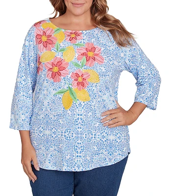 Ruby Rd. Plus Size Embellished Floral Print Boat Neck 3/4 Sleeve Top