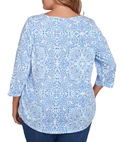 Ruby Rd. Plus Size Embellished Floral Print Boat Neck 3/4 Sleeve Top