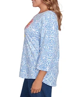 Ruby Rd. Plus Size Embellished Floral Print Boat Neck 3/4 Sleeve Top