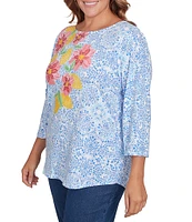 Ruby Rd. Plus Size Embellished Floral Print Boat Neck 3/4 Sleeve Top