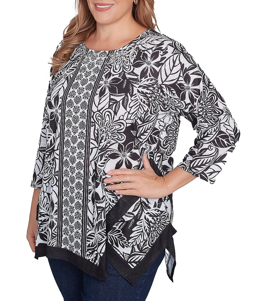 Ruby Rd. Plus Size Embellished Printed Scoop Neck 3/4 Sleeve Shark-Bite Hem Top