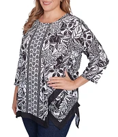 Ruby Rd. Plus Size Embellished Printed Scoop Neck 3/4 Sleeve Shark-Bite Hem Top