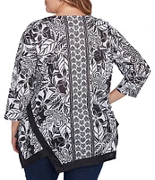 Ruby Rd. Plus Size Embellished Printed Scoop Neck 3/4 Sleeve Shark-Bite Hem Top
