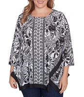 Ruby Rd. Plus Size Embellished Printed Scoop Neck 3/4 Sleeve Shark-Bite Hem Top