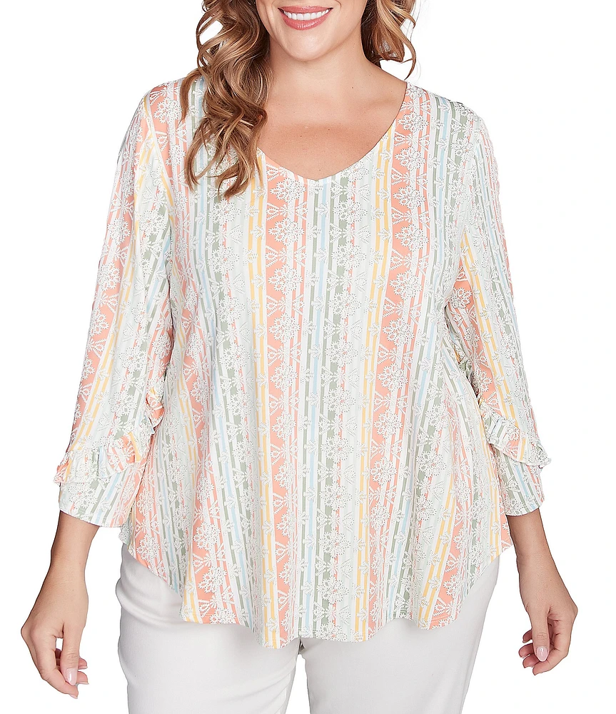 Ruby Rd. Plus Size Stripe Floral Puff Print V-Neck 3/4 Bell Sleeve Top