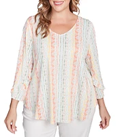 Ruby Rd. Plus Size Stripe Floral Puff Print V-Neck 3/4 Bell Sleeve Top