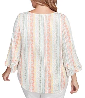Ruby Rd. Plus Size Stripe Floral Puff Print V-Neck 3/4 Bell Sleeve Top