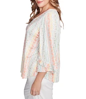 Ruby Rd. Plus Size Stripe Floral Puff Print V-Neck 3/4 Bell Sleeve Top