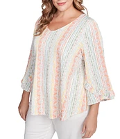 Ruby Rd. Plus Size Stripe Floral Puff Print V-Neck 3/4 Bell Sleeve Top