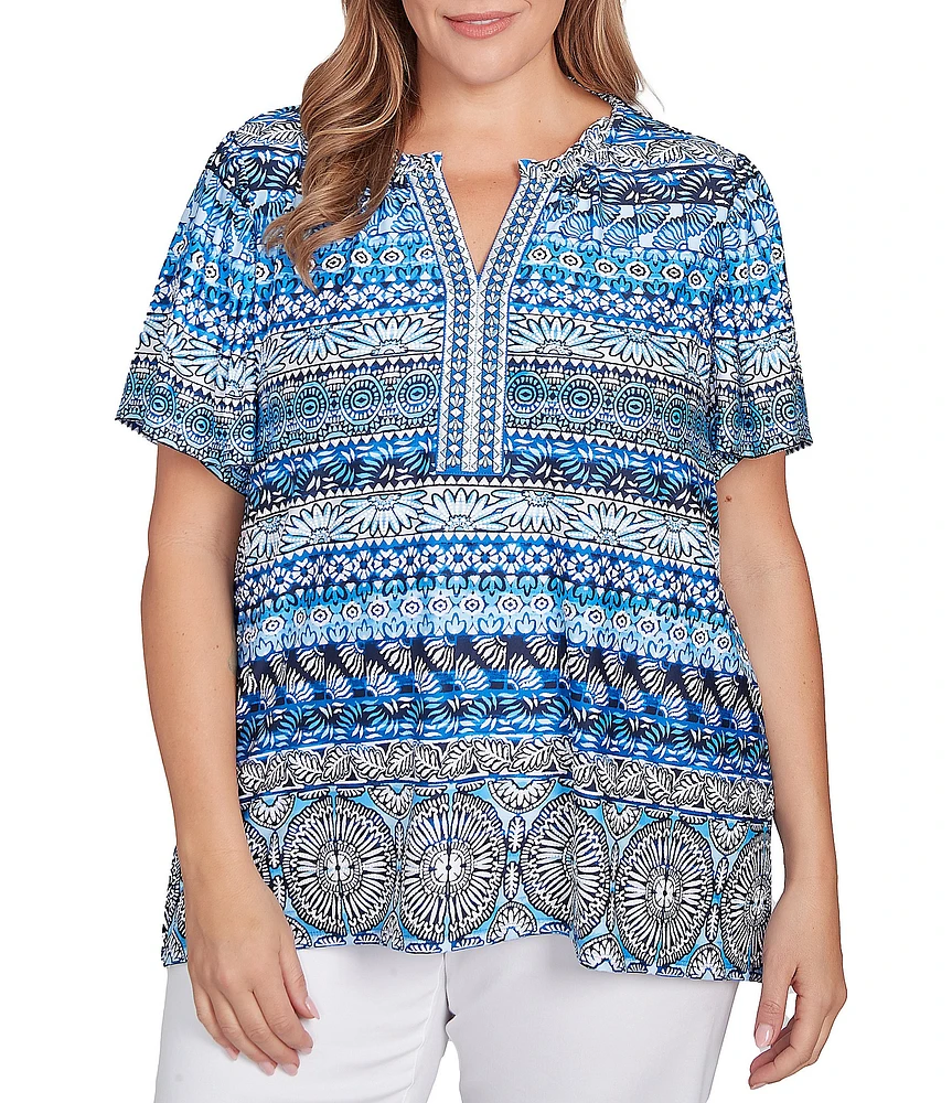 Ruby Rd. Plus Size Embellished Stripe Split V-Nek Short Sleeve Knit Top