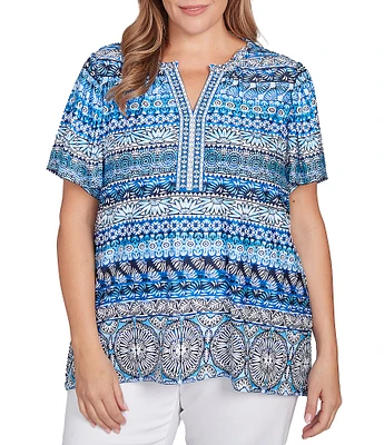 Ruby Rd. Plus Size Embellished Stripe Split V-Nek Short Sleeve Knit Top