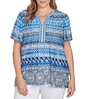 Ruby Rd. Plus Size Embellished Stripe Split V-Nek Short Sleeve Knit Top
