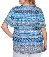 Ruby Rd. Plus Size Embellished Stripe Split V-Nek Short Sleeve Knit Top