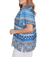 Ruby Rd. Plus Size Embellished Stripe Split V-Nek Short Sleeve Knit Top