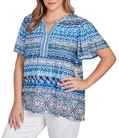 Ruby Rd. Plus Size Embellished Stripe Split V-Nek Short Sleeve Knit Top