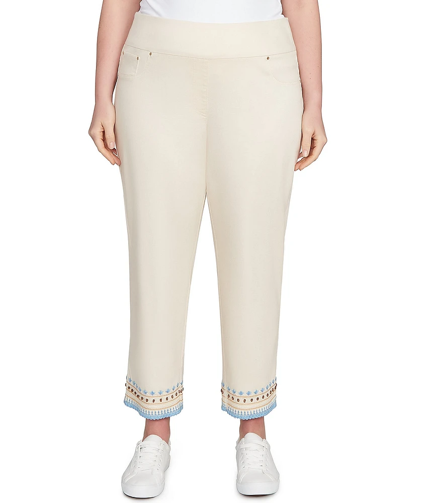 Ruby Rd. Plus Size Embroidered Beaded Hem Pull-On Ankle Pants