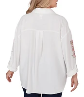 Ruby Rd. Plus Size Embroidered Floral Crepe Point Collar Long Roll-Tab Sleeve Button-Front Shirt